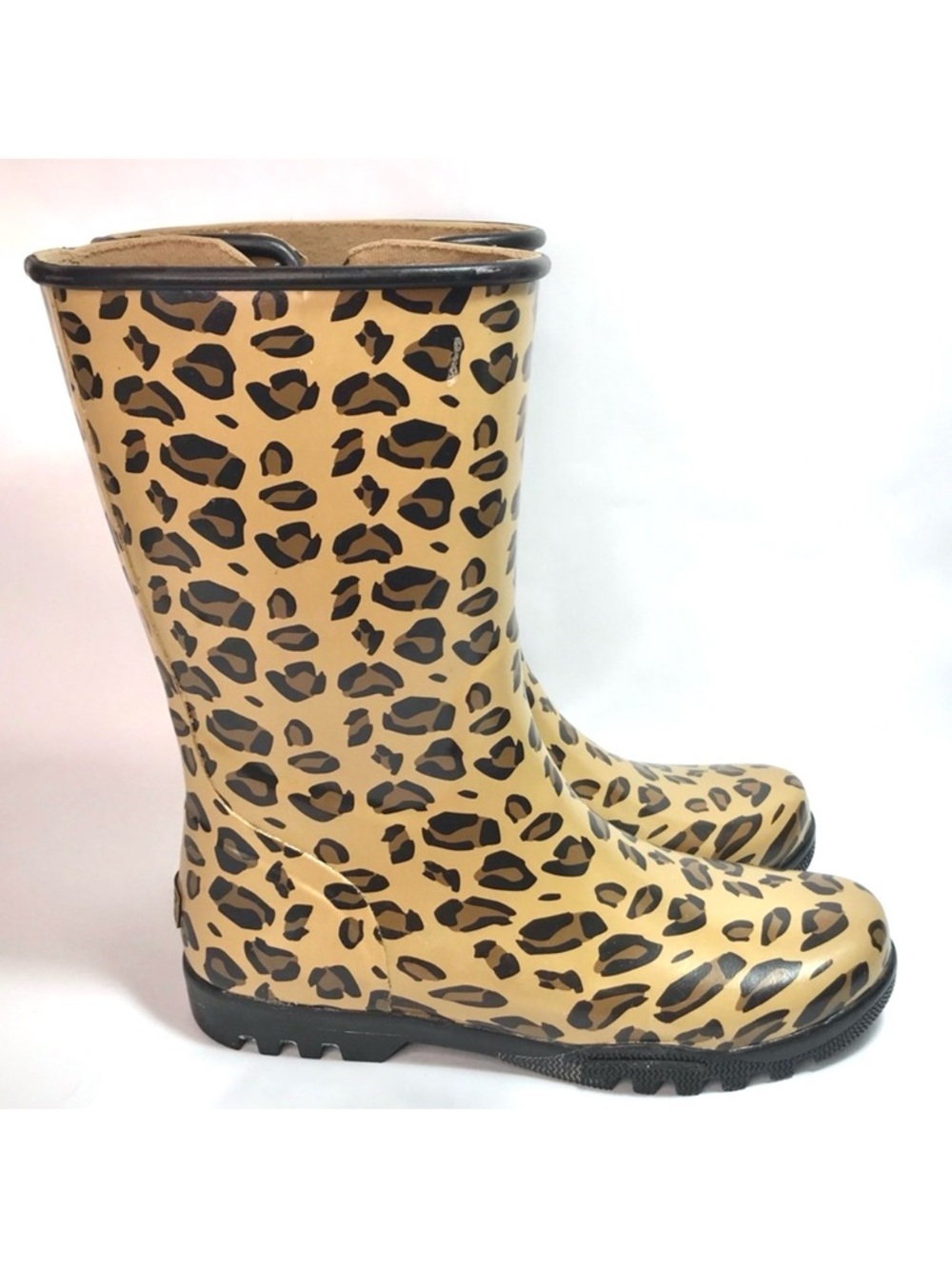 Sperry Top Sider Tan Black Animal Print Waterproof Rubber Boots Size 8